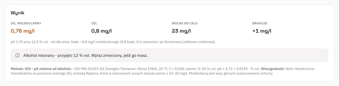 Kalkulator SO₂: wynik molekularny, cel, brakujące wolne SO₂ i metoda z cytowanym źródłem