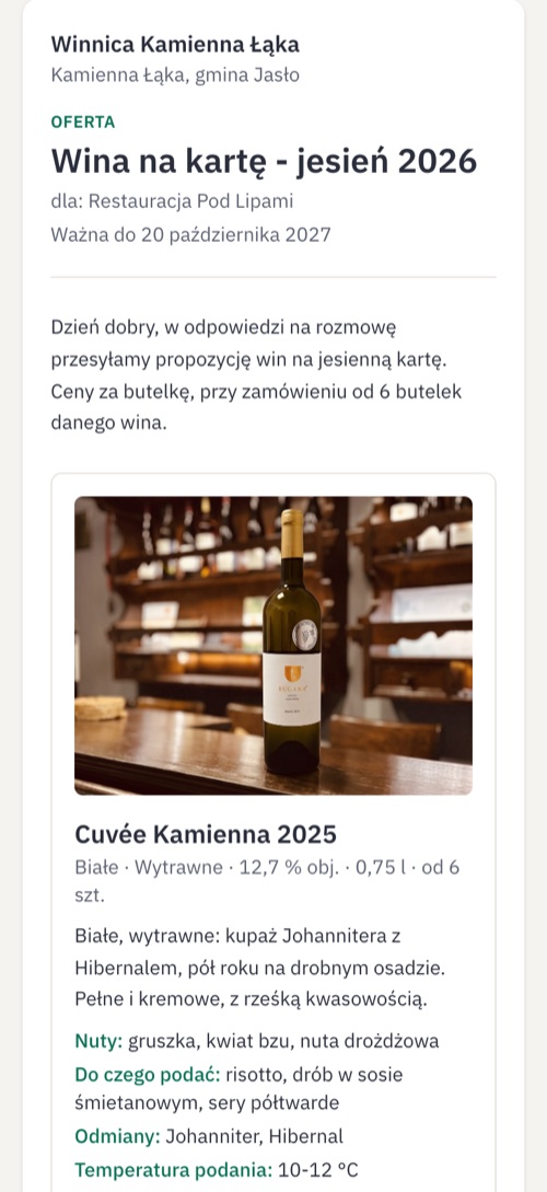 Oferta otwarta przez klienta na telefonie: winnica, adresat i termin ważności, wstęp i pierwsze wino ze zdjęciem butelki, opisem, nutami i doborem do potraw
